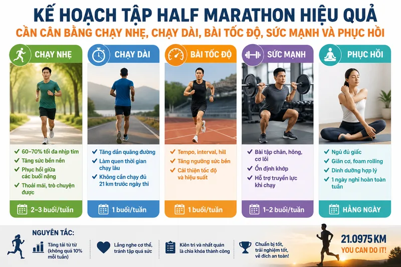 Kế hoạch tập half marathon hiệu quả cần cân bằng chạy nhẹ, chạy dài, bài tốc độ, sức mạnh và phục hồi.