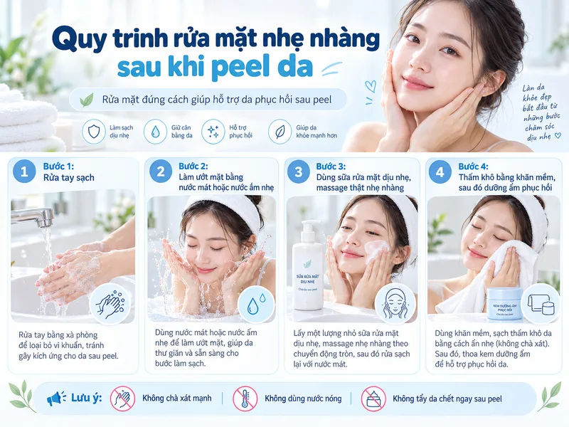 Quy trình rửa mặt nhẹ nhàng giúp hỗ trợ da phục hồi sau peel